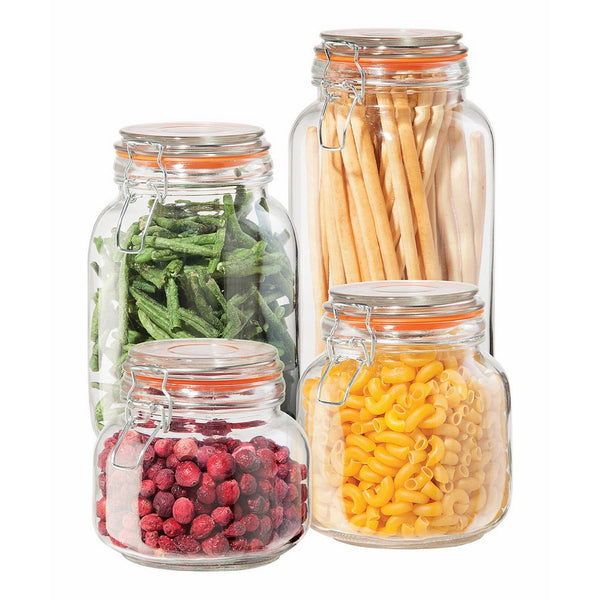 Oggi 4 Piece Airtight Glass Canister Set with Clamp Lids and Silicone Gaskets, Clear