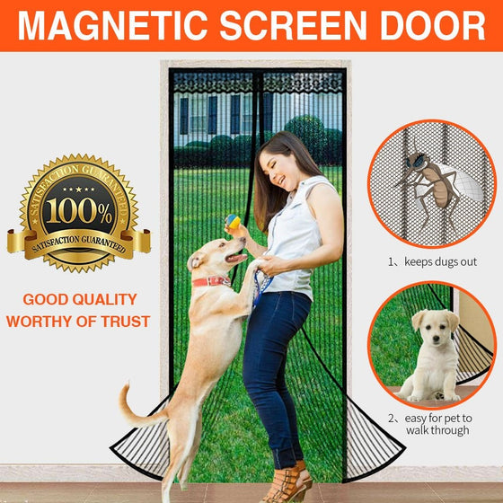 Looch Magnetic Screen Door with Heavy Duty Mesh Curtain and Full Frame Velcro Fits Door Size up to 36-83 Max- Black