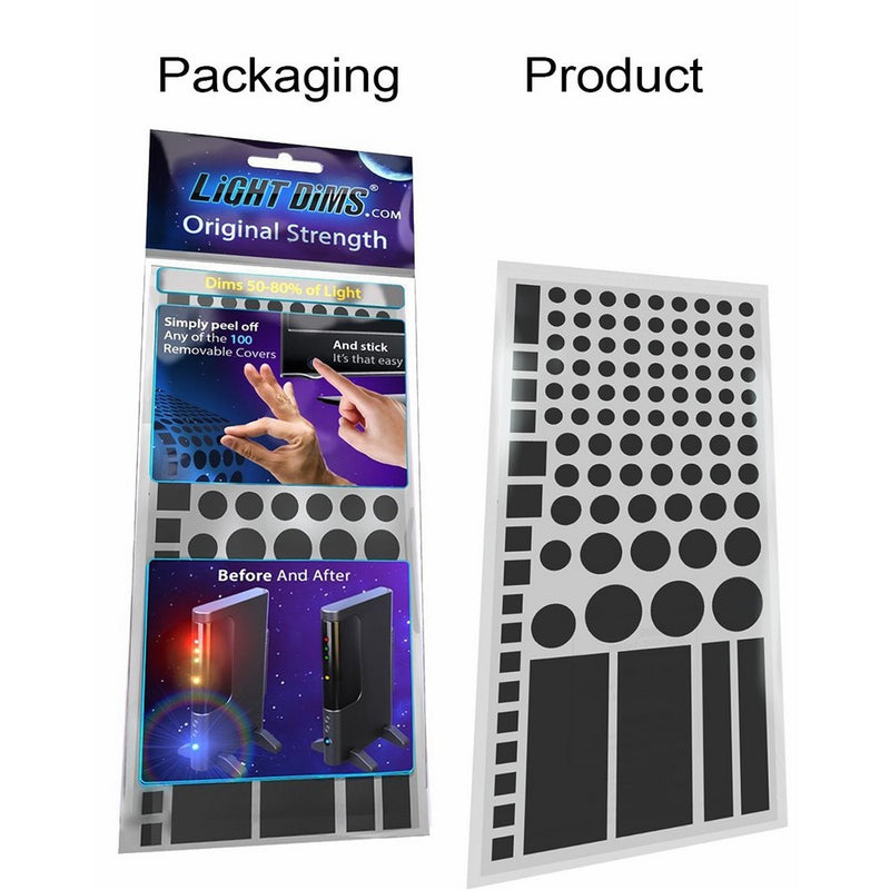 LightDims Original Strength - Light Dimming LED covers / Light Dimming Sheets for Routers, Electronics and Appliances and more. Dims 50-80% of Light, in Retail Packaging.