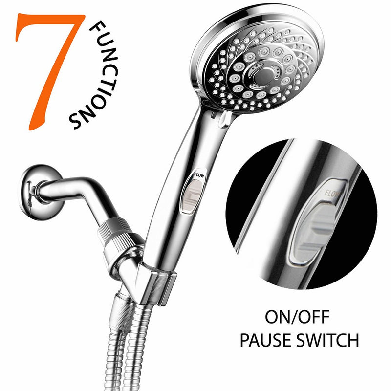 HotelSpa 7-Setting AquaCare Series Spiral Handheld Shower Head with Patented ON / OFF Pause Switch and 5-7 foot Stretchable Stainless Steel Hose (Premium Chrome)