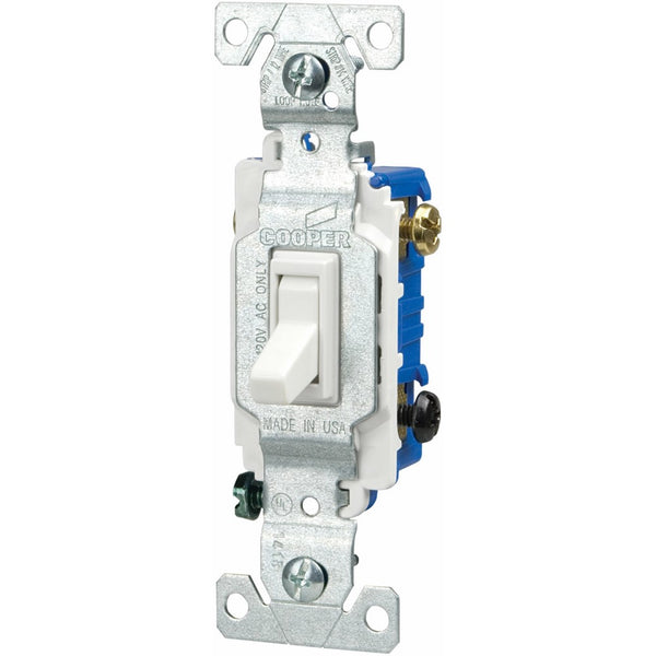 The Eaton 1303-7W-L 15-Amp, 120-Volt Standard Grade 3-Way Framed Toggle AC Quiet Switch, White