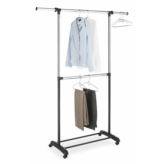 Whitmor Adjustable 2-Rod Garment Rack - Rolling Clothes Organizer - Black and Chrome