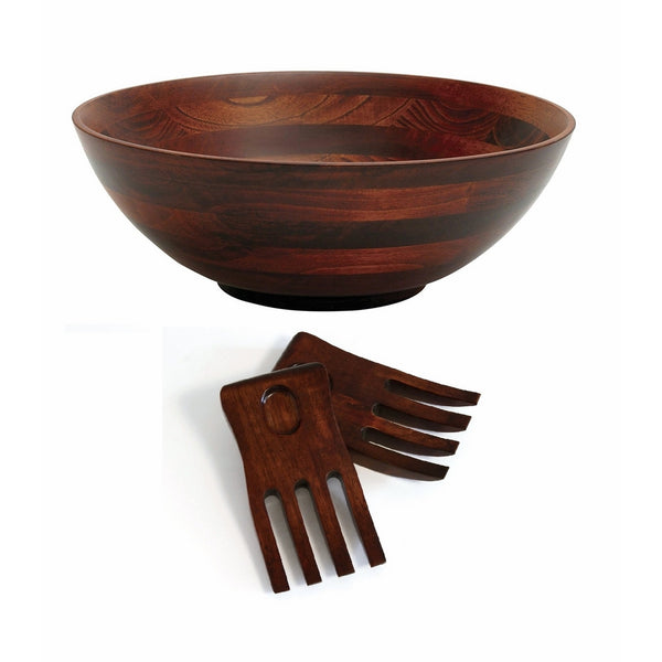 Lipper International 274-3 Cherry Finished Footed Serving Bowl with 2 Salad Hands, Large, 13.75" Diameter x 5" Height, 3-Piece Set