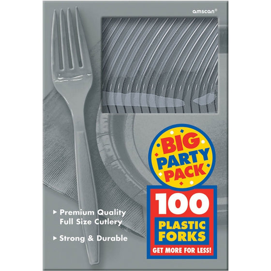 Amscan Big Party Pack 100 Count Mid Weight Plastic Forks, Silver