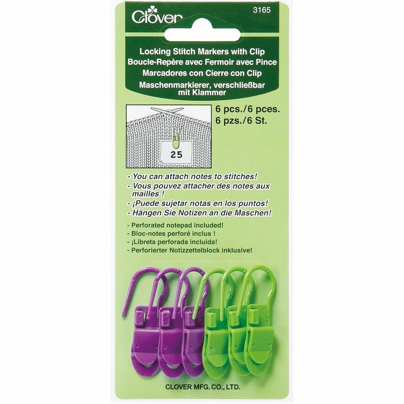 Clover 3165 Locking Stitch Markers with Clip, 6 per Package, 3 Green & 3 Purple