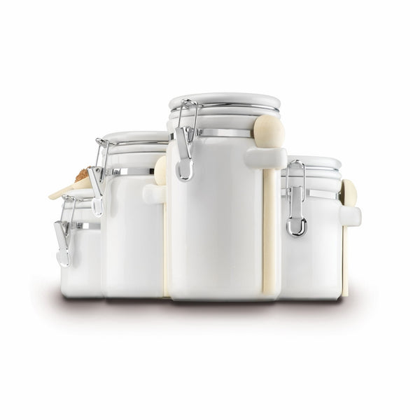 Anchor Hocking 4-Piece Ceramic Canister Set with Clamp Top Lid and Wooden Spoon, White