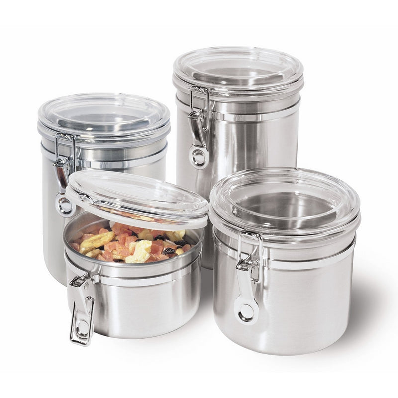 Oggi 4-Piece Stainless Steel Canister Set with Acrylic Lid and Clamp-Set Includes 1 each: 26oz, 36oz, 47oz, 62oz.