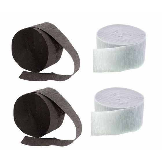 BLACK and WHITE Crepe Paper Streamers (2 Rolls Each Color) MADE IN USA!