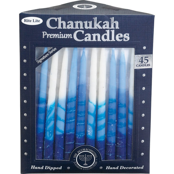 Rite-Lite Judaica Premium Chanukah Candles. Handcrafted, Tri-Color Blue/White Stripe. Box of 45