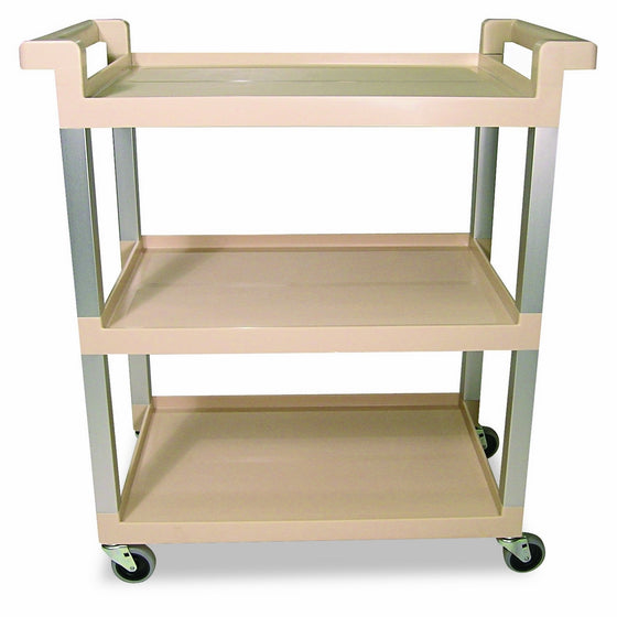 Rubbermaid Commercial 9T6571BG Three-Shelf Service Cart w/Brushed Aluminum Upright, 16-1/4 x 31-1/2 x 36, Beige