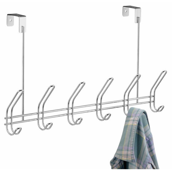 InterDesign Classico Over Door Organizer Hooks – 6 Hook Storage Rack for Coats, Hats, Robes or Towels, Chrome