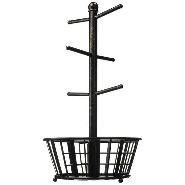 Gourmet Basics by Mikasa 5172783 Band and Stripe Metal 6-Cup Mug Tree with Storage Basket, Antique Black