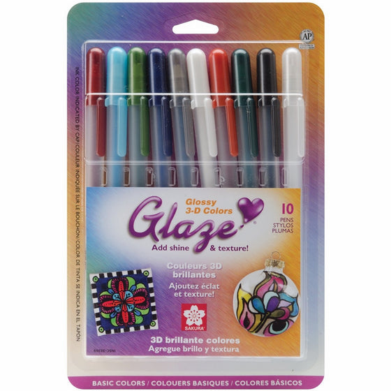 Sakura 38369 10-Piece Blister Card Glaze 3-Dimensional Glossy Ink Pen Set, Assorted Color