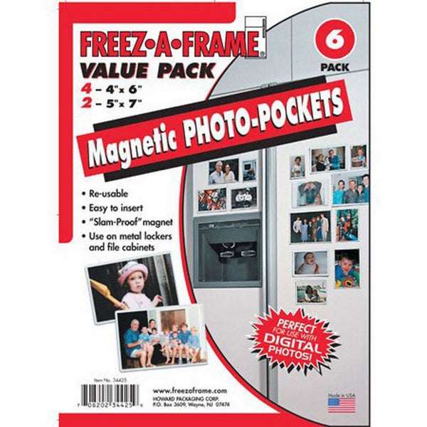 Clear Magnetic Photo Frame Pockets, Freez-A-Frame for Refrigerator, 4 frames (4"x 6") & 2 frames (5"x 7")