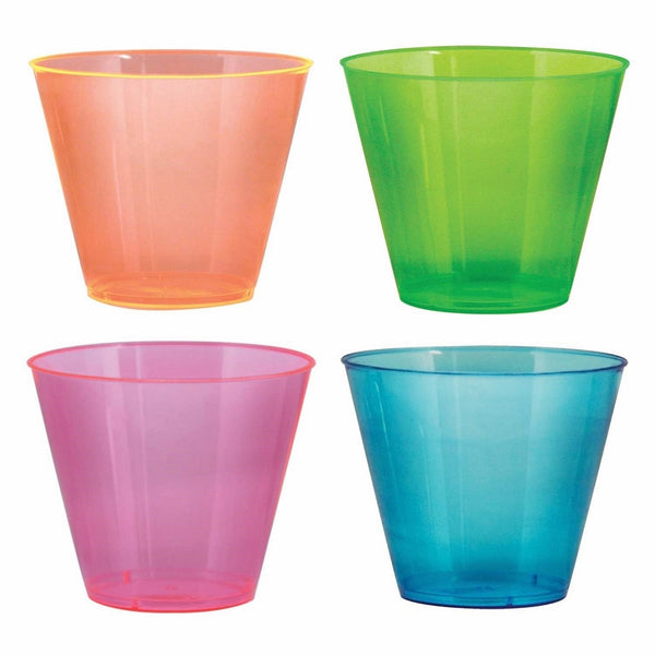 Party Essentials Hard Plastic 9-Ounce Party Cups/Old Fashioned Tumblers, 50-Count, Assorted Neon