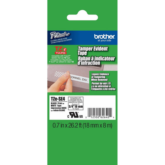 Brother P-touch Genuine TZe-SE43/4" (0.7") Black on White Tamper Evident Laminated Tape –26.2 ft (8m) (TZESE4)