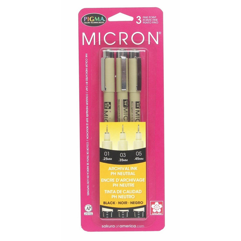 Sakura Pigma 30061 Micron Blister Card Ink Pen Set, Black, Ass't Point Size 3CT Set