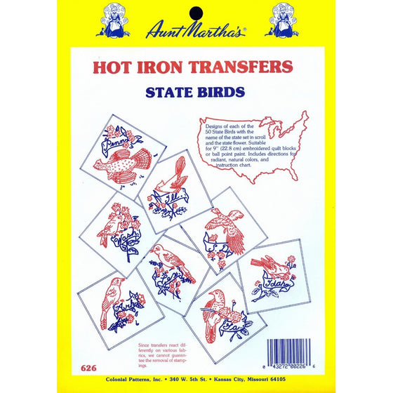 Aunt Martha's State Birds Iron On Transfer Pattern Collection, All 50 States