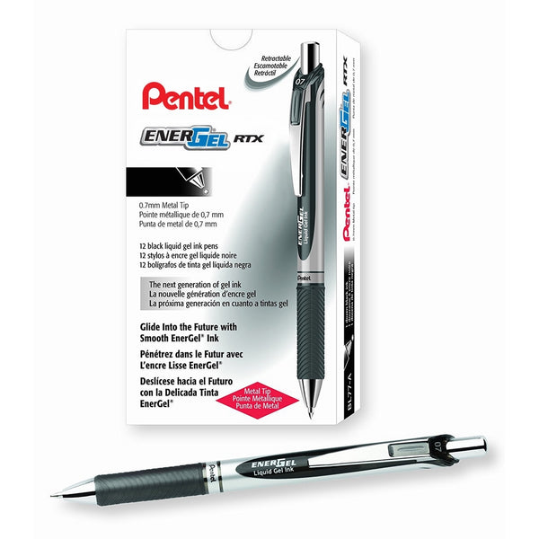 Pentel EnerGel RTX Retractable Liquid Gel Pen, 0.7mm Medium Line, Metal Tip, Black Ink, 12 Pack (BL77-A)