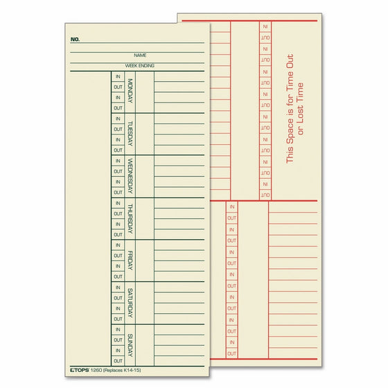 TOPS 3 3/8 x 8 1/4, 2 Sided Time Cards for Cincinnati, 500 Cards/Box (TOP1260) Category: Time Clocks and Cards