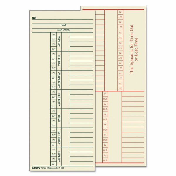 TOPS 3 3/8 x 8 1/4, 2 Sided Time Cards for Cincinnati, 500 Cards/Box (TOP1260) Category: Time Clocks and Cards