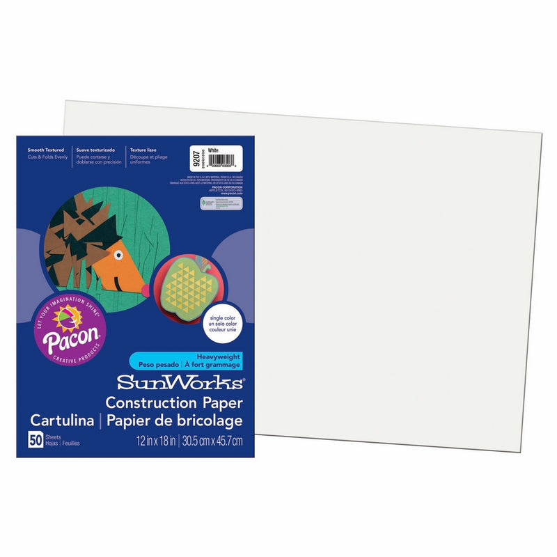 Pacon SunWorks Construction Paper, 12-Inches by 18-Inches, 50-Count, White (9207)