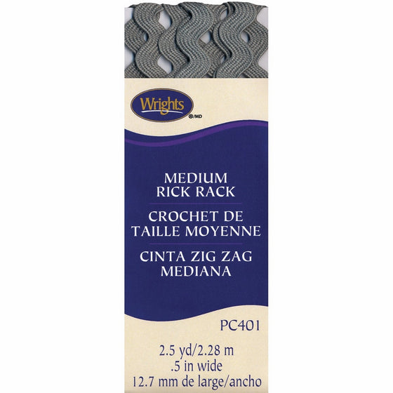 Wrights 1/2 by 2-1/2-Yard Rickrack Quilting Supplies, Medium, Light Gray