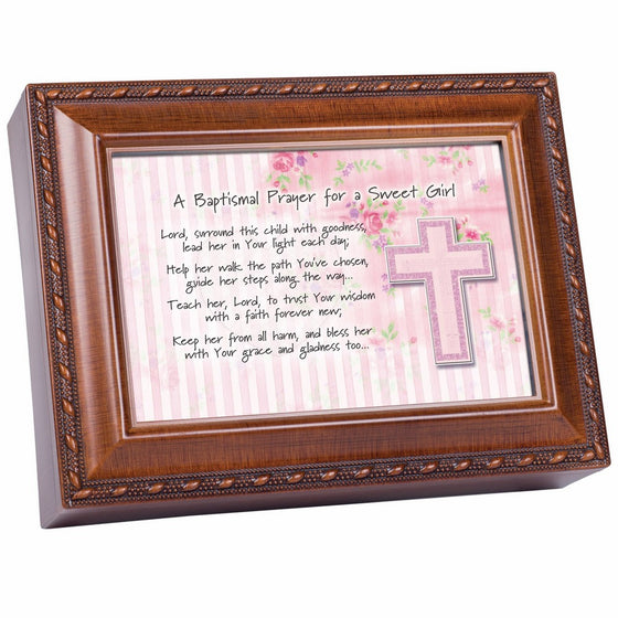 Cottage Garden Baptismal Prayer Girl Woodgrain Inspirational Music Box Plays Jesus Loves Me