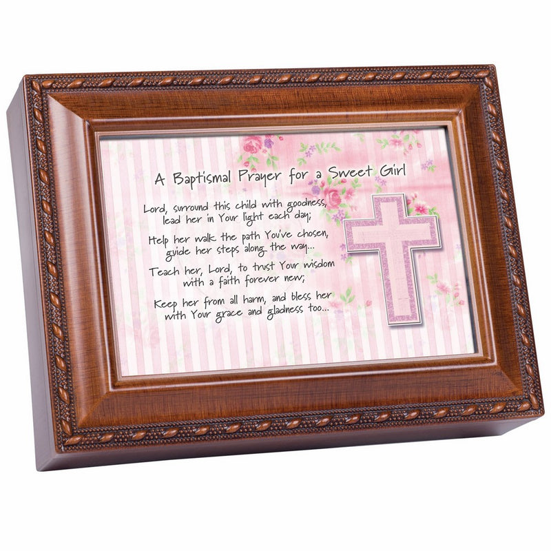 Cottage Garden Baptismal Prayer Girl Woodgrain Inspirational Music Box Plays Jesus Loves Me