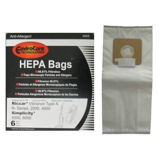 6 Riccar Vibrance Simplicity 5000, 6000 Type a Hepa Bags, Commercial, Canister Vacuum Cleaners, S6-3, S6-12, C13-6, C13H-6, 52-2402-07, R500, R600, R700, R800 R800C, R100, R200, R300, R300C 2000, 4000, 6100, 6370, 6400, 6550, 6570