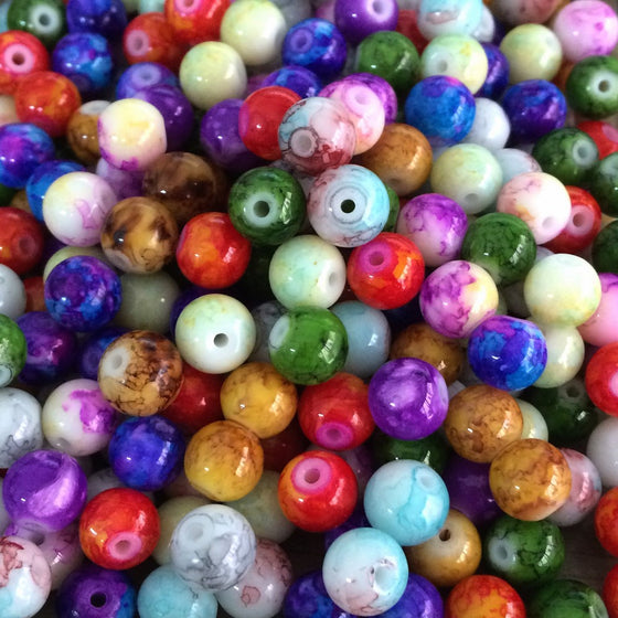 Beading Station 50-Piece Mix Artistic Marble Design Lampwork Glass Round Beads