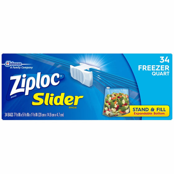 Ziploc Slider Quart Freezer Disposable Food Storage Bags, 34 Count