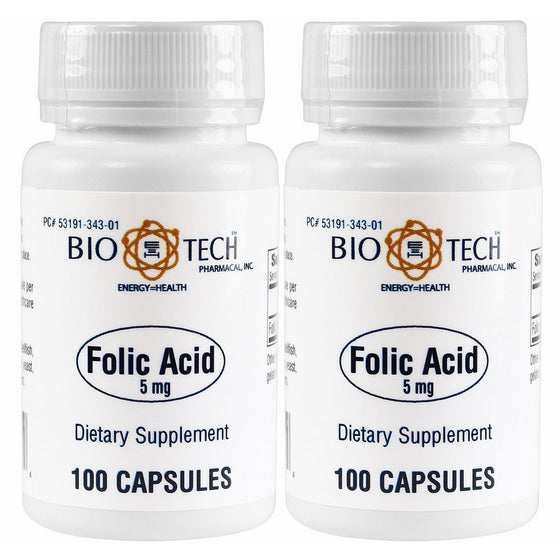 Folic Acid 5mg - BioTech Pharmacal - 100 Capsules - Pack of 2 Bottles by BioTech Pharma