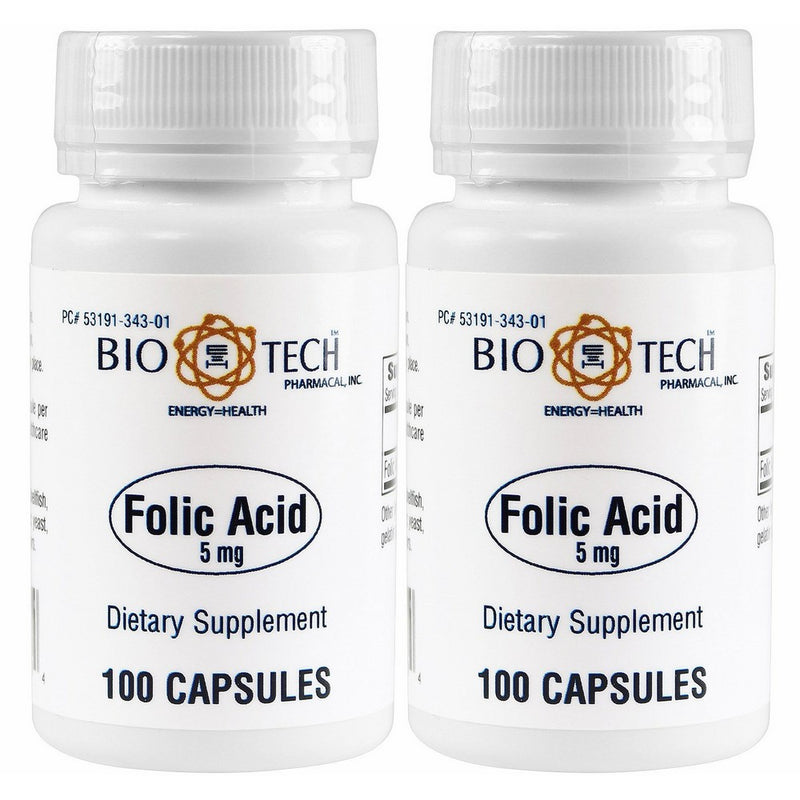 Folic Acid 5mg - BioTech Pharmacal - 100 Capsules - Pack of 2 Bottles by BioTech Pharma