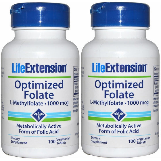 Life Extension Vitamins & Supplements - Optimized Folate (l-methylfolate), 1000 Mcg, 100 vegetarian tablets (2 Pack = 2 Bottles, 200 VCAPS Total)