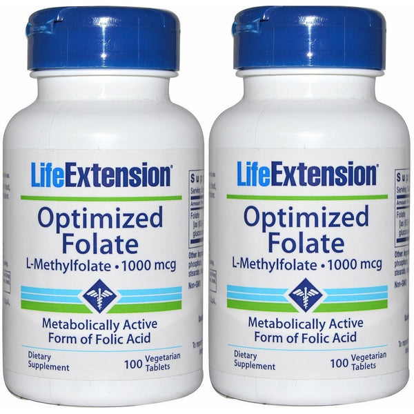 Life Extension Vitamins & Supplements - Optimized Folate (l-methylfolate), 1000 Mcg, 100 vegetarian tablets (2 Pack = 2 Bottles, 200 VCAPS Total)