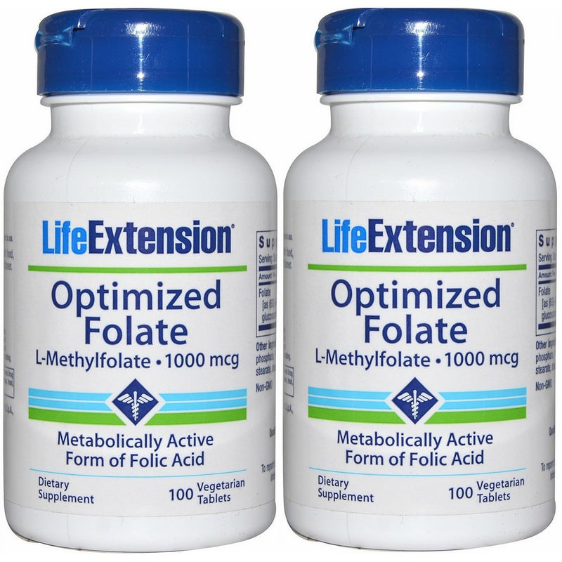 Life Extension Vitamins & Supplements - Optimized Folate (l-methylfolate), 1000 Mcg, 100 vegetarian tablets (2 Pack = 2 Bottles, 200 VCAPS Total)