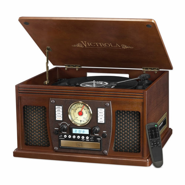 Victrola Nostalgic Aviator Wood 8-in-1 Bluetooth Turntable Entertainment Center, Espresso