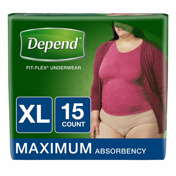 Depend FIT-FLEX Incontinence Underwear for Women, Maximum Absorbency, XL, Tan (4 Packs) (Packaging may vary)