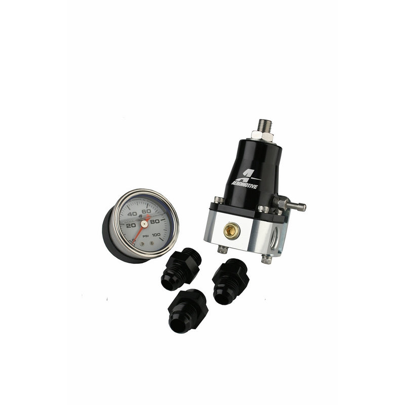 Aeromotive 13130 Regulator and Fitting Kit, 13129 EFI Bypass Regulator w/(3) 15606 Fittings and (1) 15633 Pressure Gauge