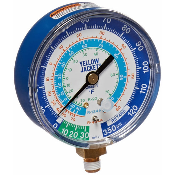 Yellow Jacket 49106 Gauge (degrees F) Blue Compound, 30"-0-120 psi, R-22/134A/404A, 3-1/8"