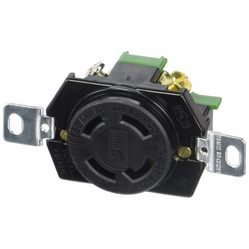 Eaton L1430R 30-Amp 125/250-Volt Hart-Lock Industrial Grade Receptacle with Safety Grip, Black and White