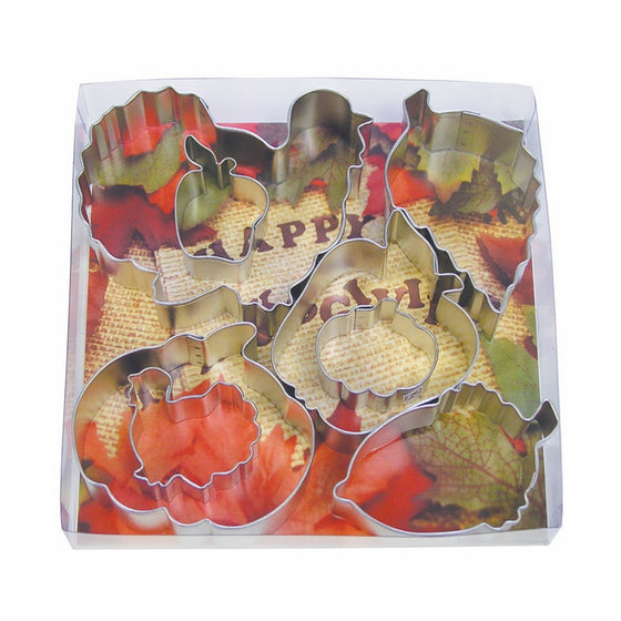 R&M International 1931 Thanksgiving Harvest Cookie Cutters, 2 Turkeys, 2 Pumpkins, 2 Apples, Acorn, Aspen Leaf, 8-Piece Set