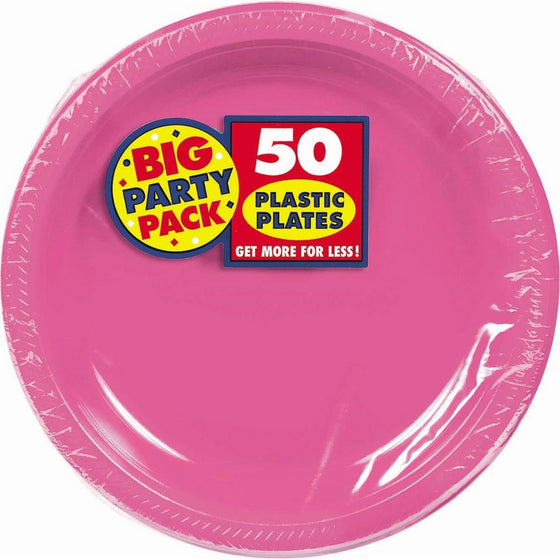 Amscan Big Party Pack 50 Count Plastic Lunch Plates, 10.5-Inch, Bright Pink