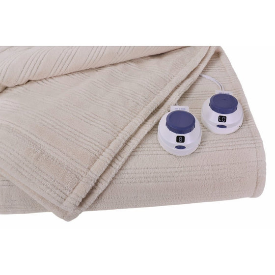 SoftHeat Ultra Micro-Plush Low-Voltage Electric Heated Triple-Rib Queen Size Blanket, Natural