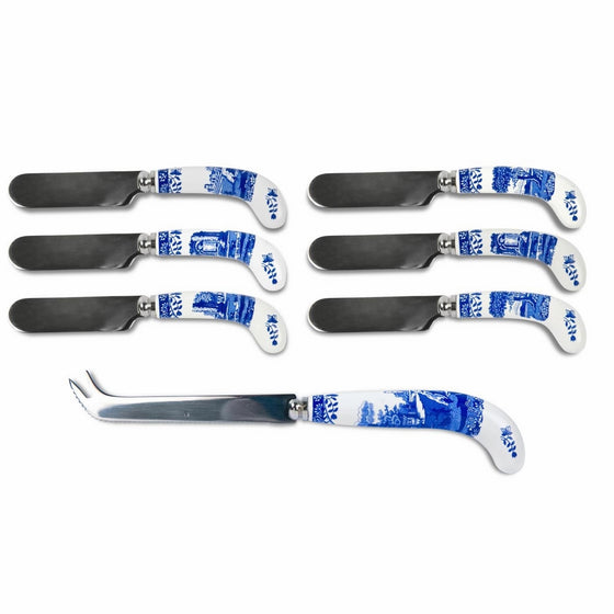 Spode Blue Italian Cheese Knife & 6 Spreaders (Gift Boxed)