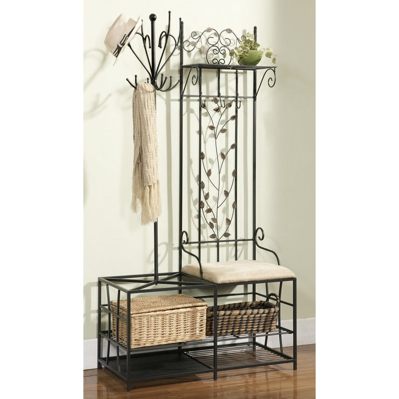 King's Brand Black Finish Metal Hallway Storage Bench with Coat Rack & Umbrella Holder