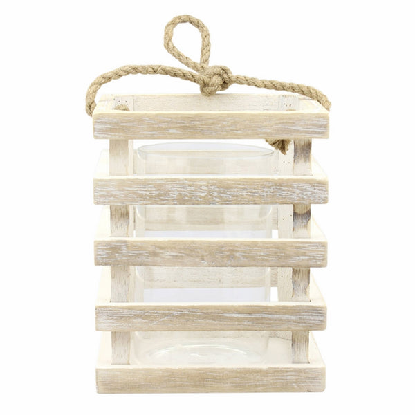 Stonebriar Worn White Wooden Beach House Candle Lantern, Coastal Home Decor, For Table Top or Hanging Display, For Indoor or Outdoor Use, Small