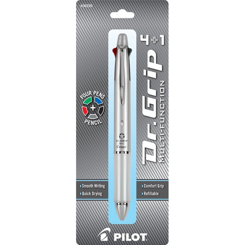Pilot Dr. Grip 41 Multifunction Ballpoint Pen  Pencil, Assorted Color Inks, Silver Barrel, 1-Pack (36229)