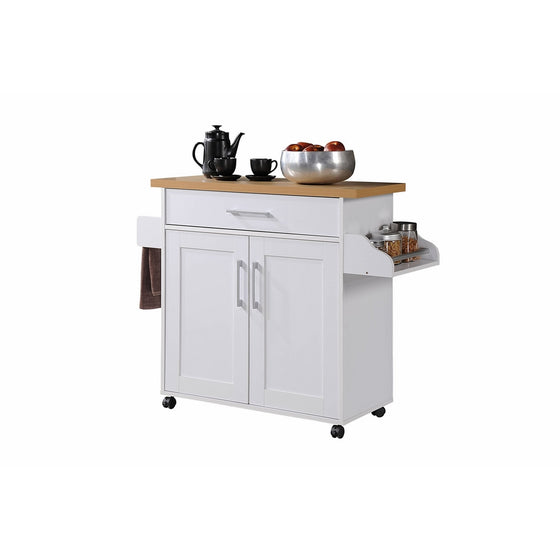 Hodedah Kitchen Island with Spice Rack, Towel Rack & Drawer, White with Beech Top